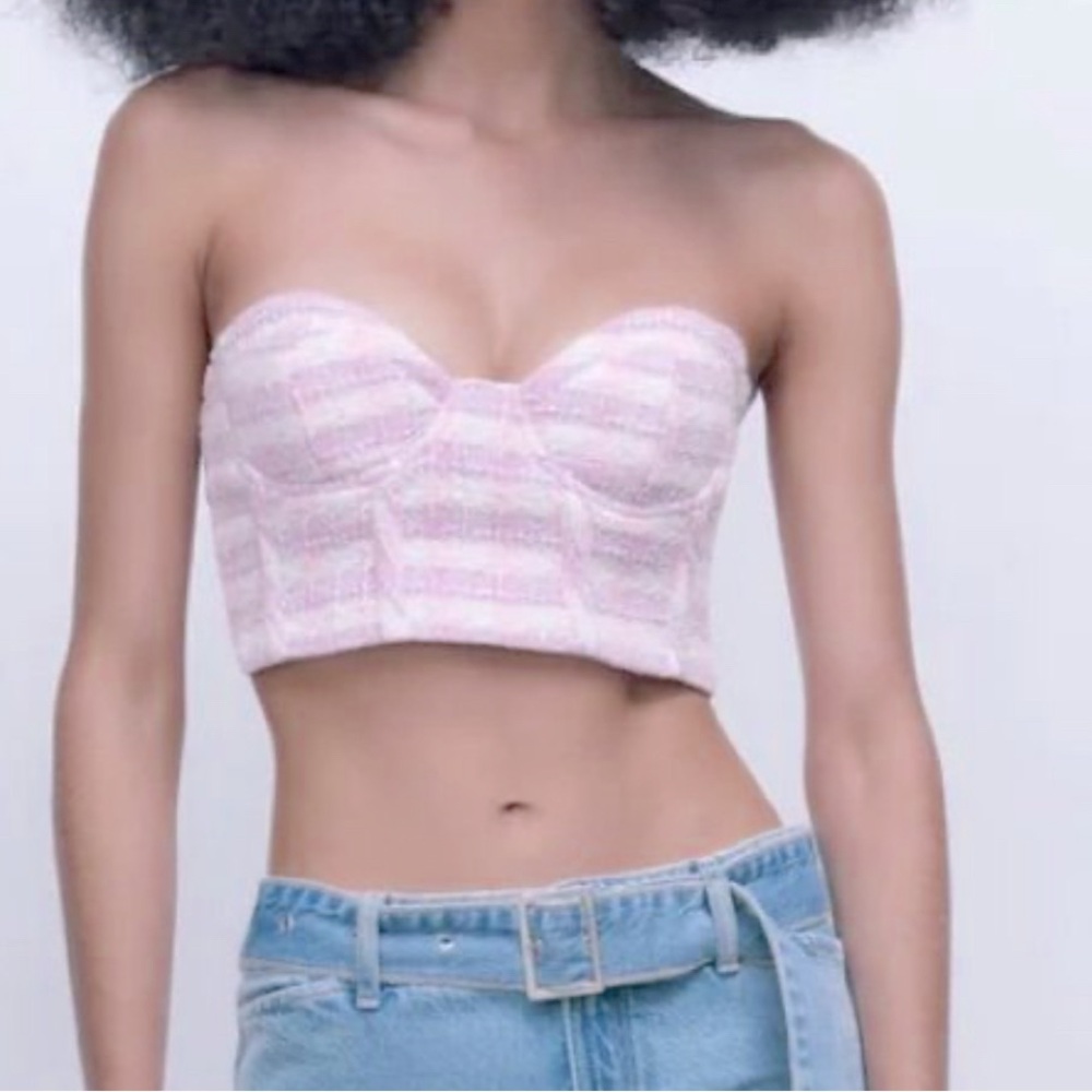 Zara NWT textured crop bustier top. Pink/white tweed. Small. Festival, trendy